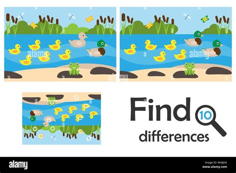 Find 10 Differences Game For Children Pond With Ducks Cartoon