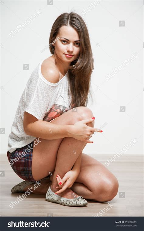Portrait Beautiful Girl Sitting Squatting Position Stock Photo Shutterstock