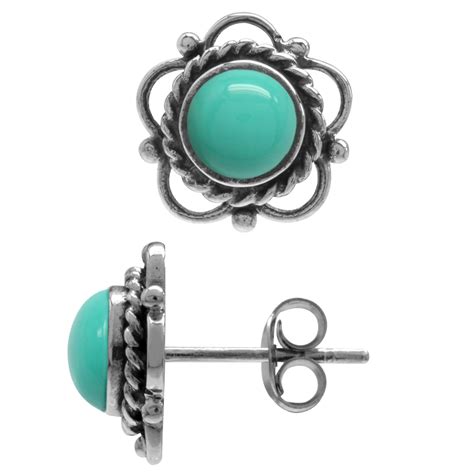 Green Turquoise Oxidized Finish Sterling Silver Flower Stud
