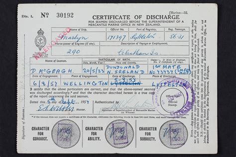 Certificate Of Discharge For Donald Mcgeagh Ss Marlyn New Zealand