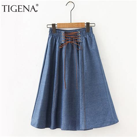 Tigena Fashion Midi Denim Skirt Women Summer Korean Cute A Line