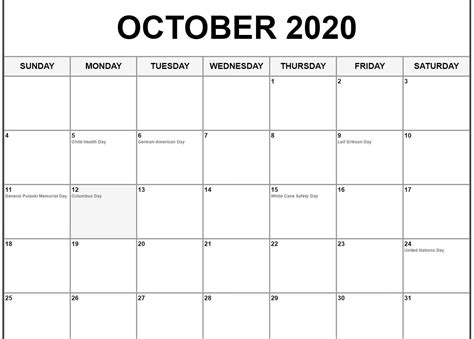 Printable October 2020 Calendar Template Download Now