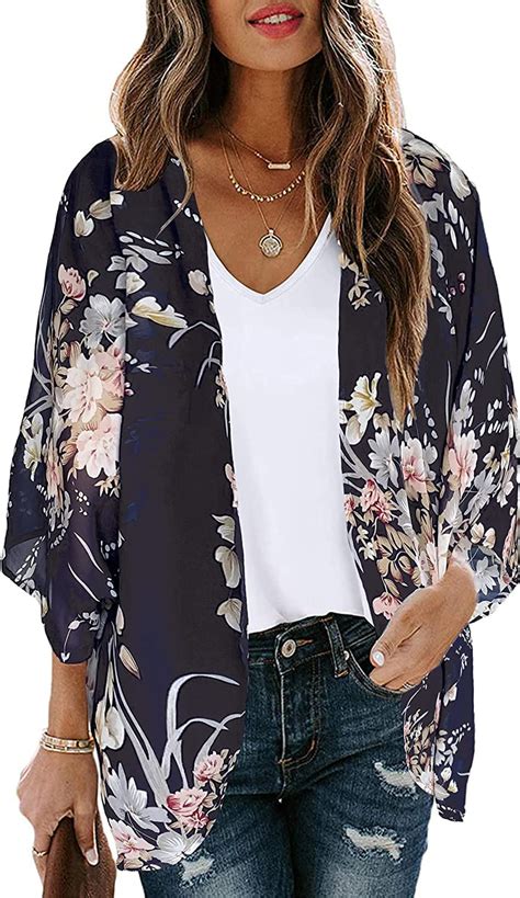 Womens Floral Print Puff Sleeve Kimono Cardigan Loose Cover Up Casual