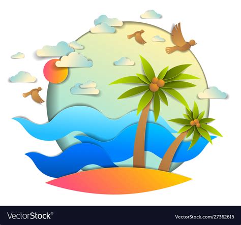 Beautiful Seascape With Sea Waves Beach And Palms Vector Image