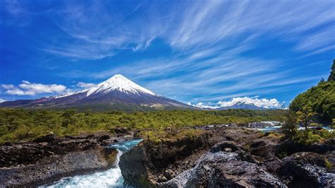Nature Landscape Volcano Mountain Snowy Peak River Forest Clouds