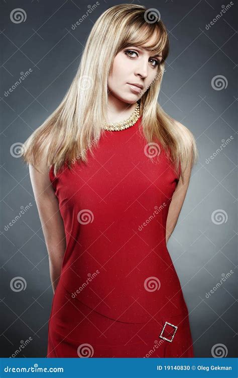 Portrait Of The Blonde Woman In A Red Dress Stock Photo Image Of