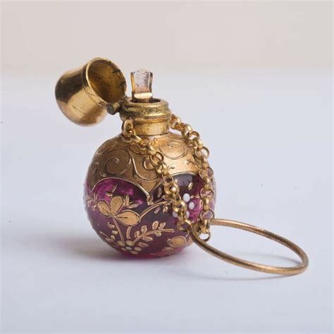 Antique Chatelaine Finger Ring Gilded Glass Scent Perfume Bottle With