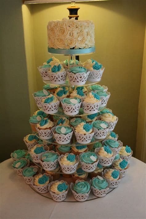 Cupcake Tower In Tiffany Turquoise Blue And Ivory With Rose Swirl Top
