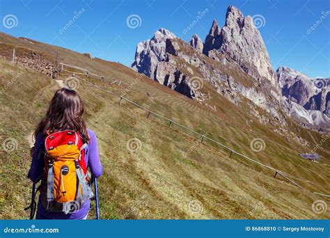 Tourist Girl At The Dolomites Stock Photo Image Of Mountains Outdoor