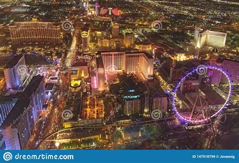 Night Aerial View Of Las Vegas Skyline From Helicopter Stock Image