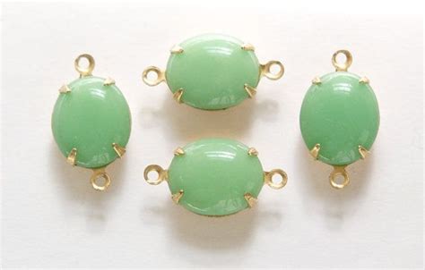 Vintage Opaque Green Oval Stones 2 Loop Brass Setting Etsy Green