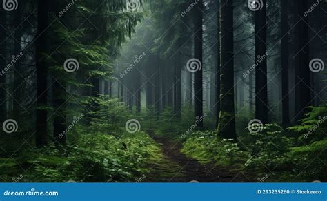 Enchanting Misty Forest A Captivating Green European Fairytale Stock