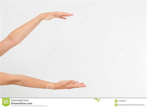 Female Hands Measuring Invisible Items Woman`s Palm Making Gesture