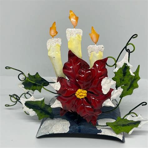 Holiday Metal Poinsettia With Candles And Holly Leaves Votive Holder
