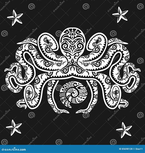 Octopus Tattoo In Maori Style On A Black Background Vector