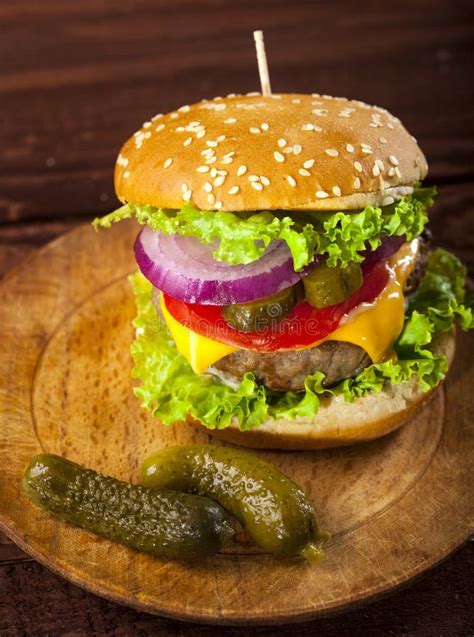 Fresh Delicious Burger On A Wooden Background Stock Image Image Of