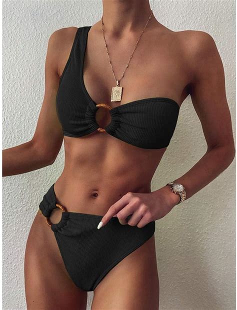 Bikinis Bikini de Cintura Alta Conjunto de un Hombro Traje de baño