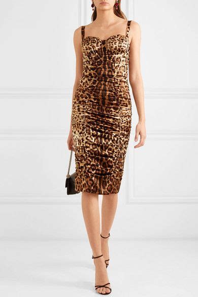 Dolce And Gabbana Ruched Leopard Print Stretch Silk Satin Midi Dress