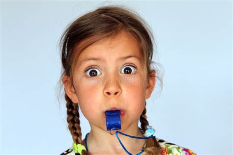 Girl Blowing Whistle Stock Image Image Of Childhood 13696591