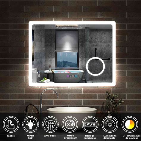 Miroir De Salle De Bain 100cmx60cm Avec Led Couleur Et Luminosité