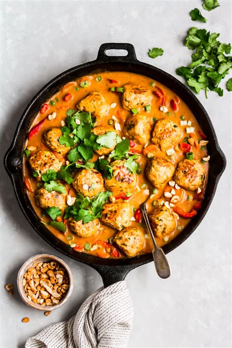 Homemade thai chicken noodle soup. One Pan Ginger Chicken Meatballs with Peanut Sauce ...