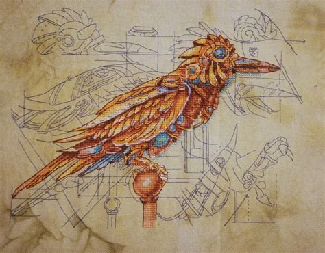 Orange Detailed Bird Steampunk Cross Stitch Pattern Hand Etsy