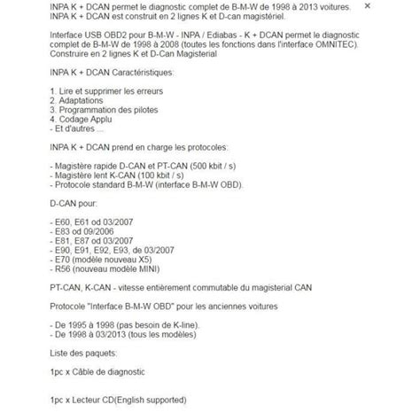 Câble K DCAN pour BMW INPA Interface USB OBD2 Connecteur K CAN