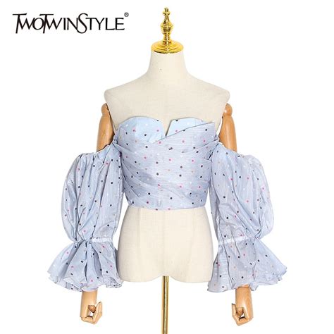 twotwinstyle sexy polka dot women blouses slash neck off shoulder strapless puff sleeve shirts