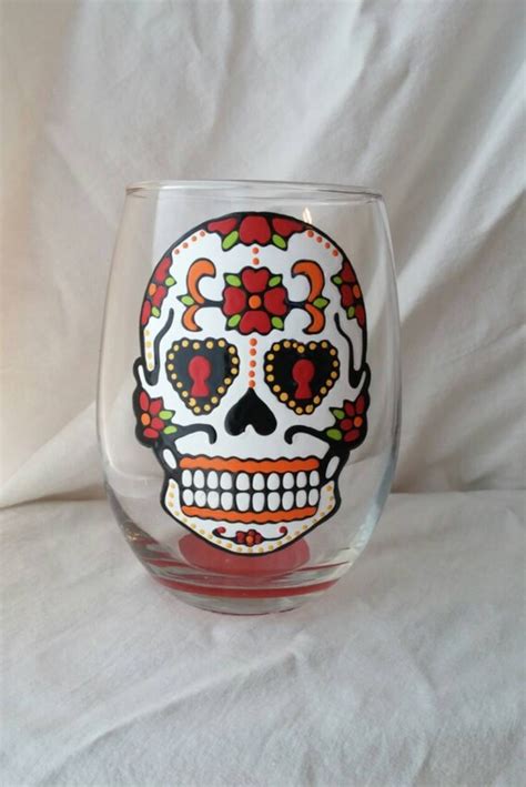 Sugar Skull Hand Painted Stemless Wine Glass By PaintFromScratch