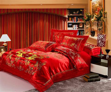 Cliab Chinese Traditional Red Sheet Asian Bedding Queen With Dragon