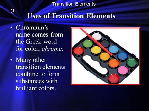 The transition elements are the elements that make up groups 3 through 12 of the periodic table. Transition elements - Presentation Chemistry