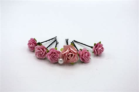 6 Pink Roses Mulberry Paper Flower Hair Pins Bridal Hair Pins Hair