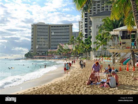 Visitors On Waikiki Beach Honolulu Hawaii Oahu Pacific Ocean Stock