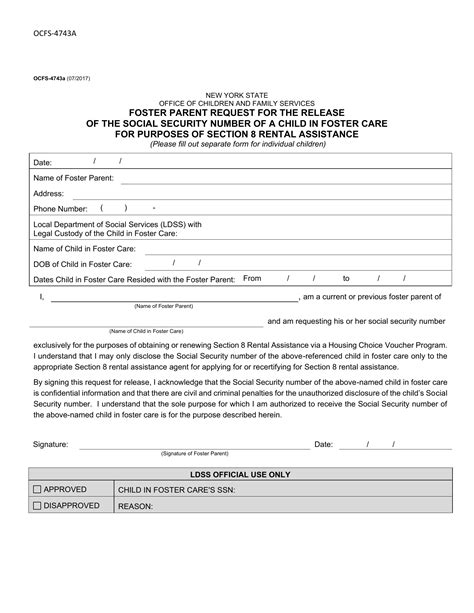 Ocfs 4743a Foster Parent Request For The Release Of The Social