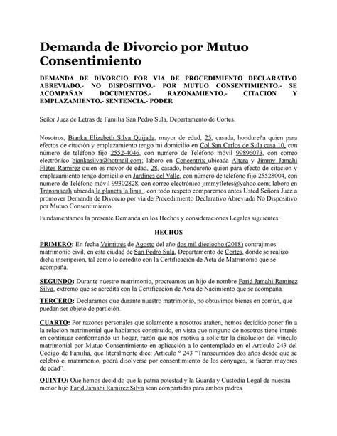 Demanda Divorcio Mutuo Consetimiento Demanda De Divorcio Por Mutuo