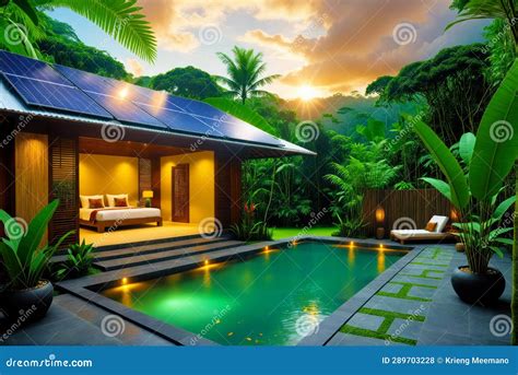 "Eco Friendly Haven with Solar Panels in Rainforest, AI Generated Stock