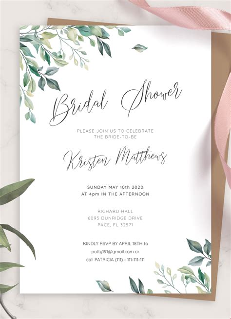 Free bridal shower invitation, watercolor flowers, instant download printable size: Download Printable Green Leaves Bridal Shower Invitation PDF