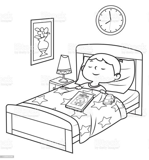 Black And White Boy Sleeping In Bed Stock Illustration Download Image