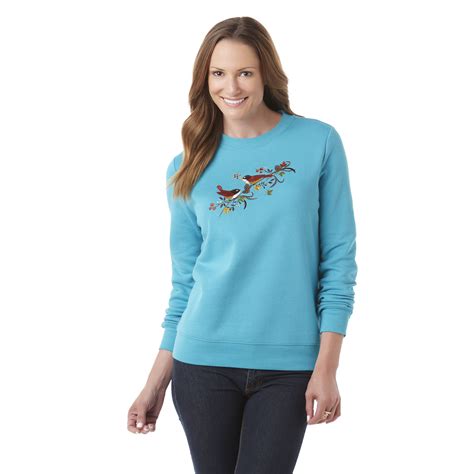 Basic Editions Womens Embroidered Sweatshirt Birds