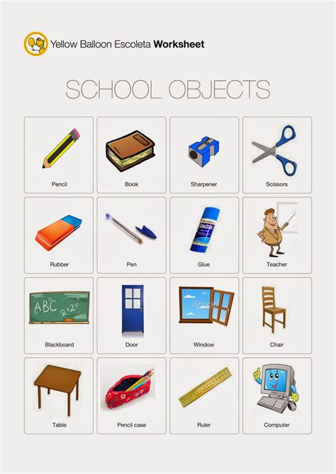 School Objects Worksheet Escoleta English