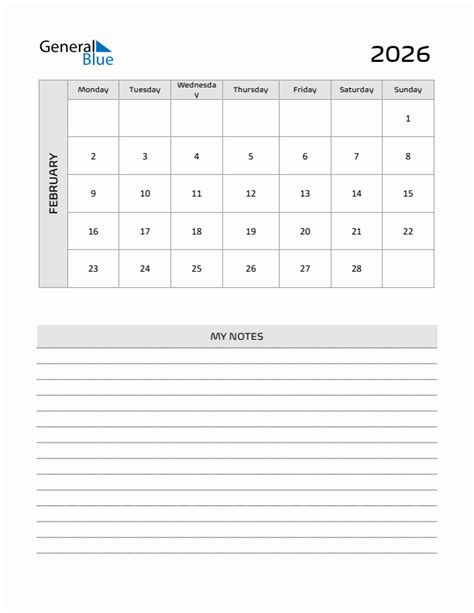 February 2026 Printable Monthly Calendar With Notes