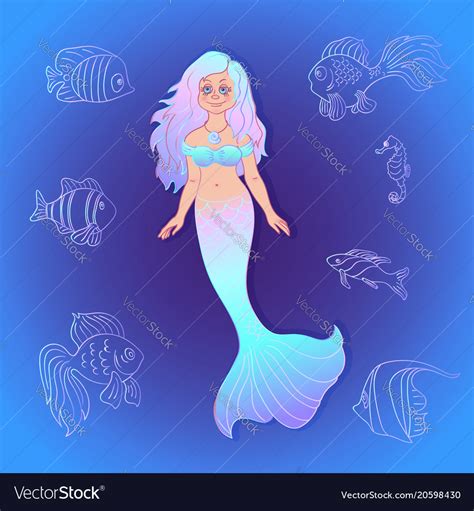 Pretty Mermaid With Sea Fishes Cartoon Style Vector Image