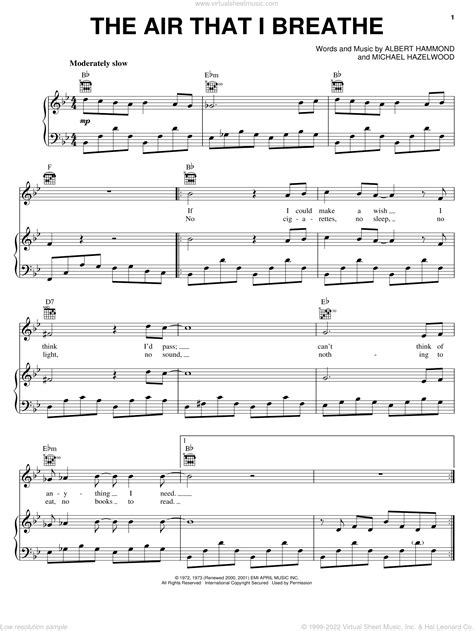 The Air That I Breathe Sheet Music For Voice Piano Or Guitar