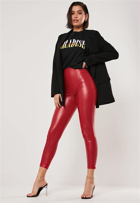 Red Faux Leather Seam Detail Leggings Missguided Red Leather Pants