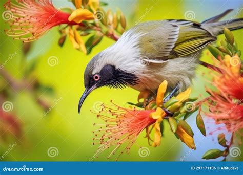 Honeyeater Bird Sipping Nectar From A Vibrant Flower Stock Photo