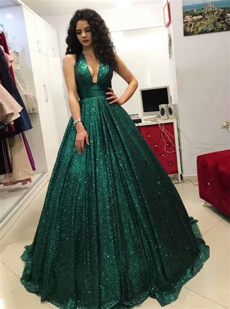 Buy Sparkly Sequins Ball Gown Dark Green V Neck Prom Dress Op724 Uk