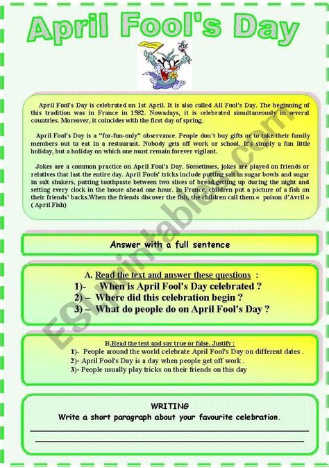 Reading April Fool´s Day Esl Worksheet By Sruggy
