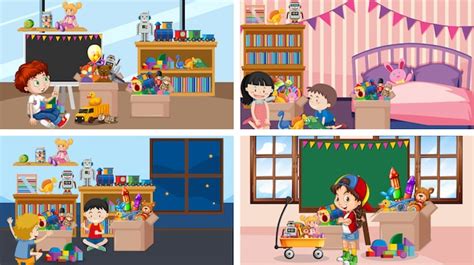 cztery sceny z dziećmi bawiącymi się w różnych pokojach darmowy wektor