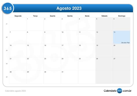 Calendário Agosto 2023