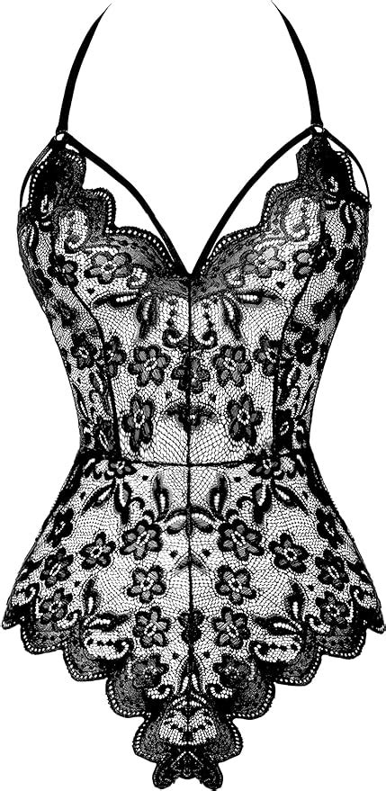 FOIKISS Women Snap Crotch Lingerie Sexy Lace Bodysuit Deep V Teddy One Piece Lace Babydoll Black
